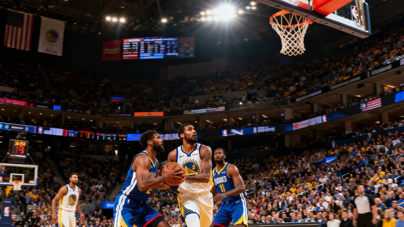 NBA篮球赛事高清直播画面，球员在赛场上激烈对抗，观众席座无虚席，灯光璀璨的球馆内气氛热烈