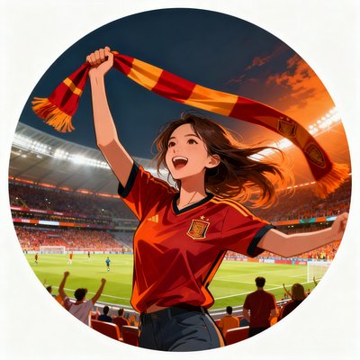 活跃球迷圆形头像，一位热情的女球迷在球场中挥舞围巾